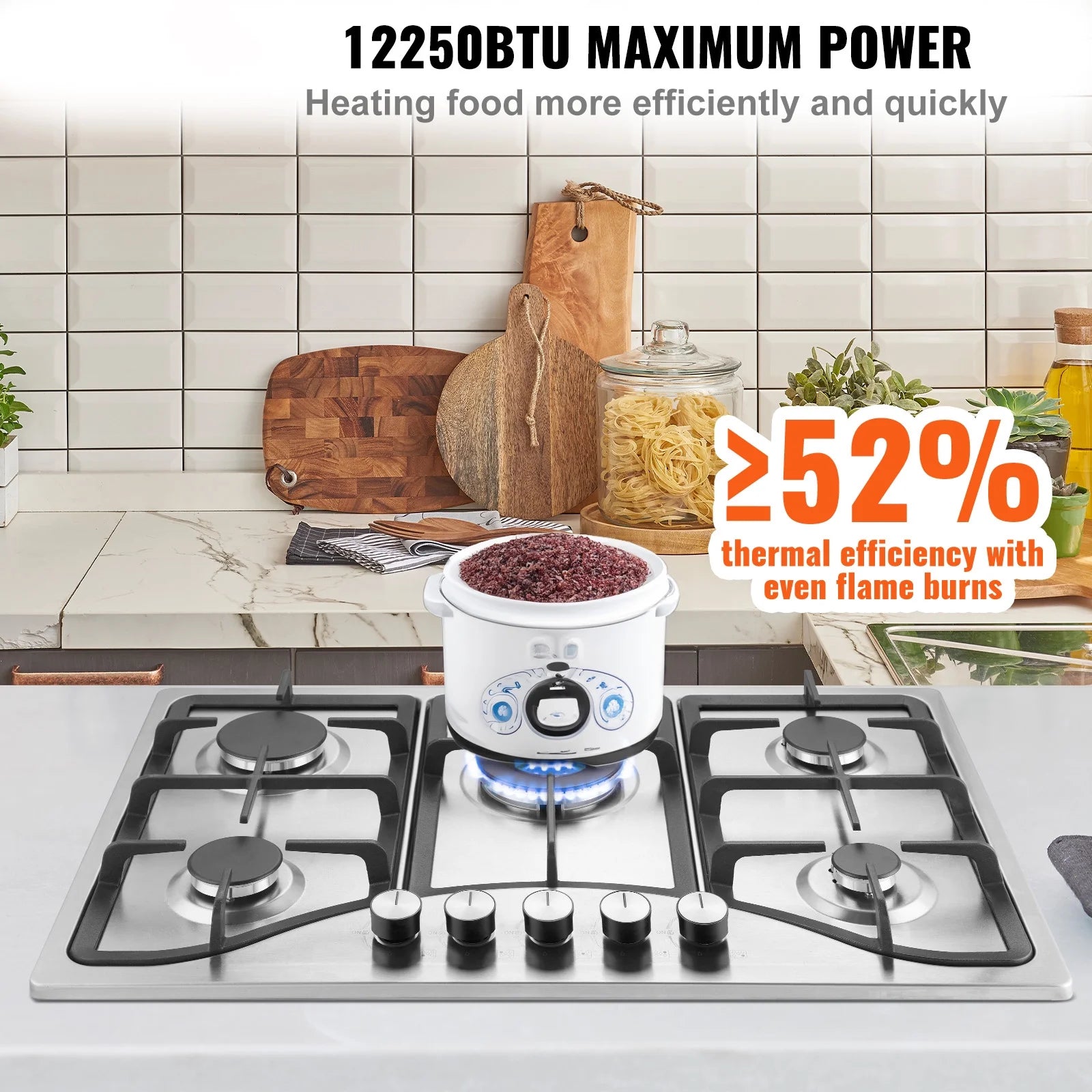 KFFKFF 30-inch Gas Range, Quintuple Burners Integrated Gas Cooktop, Peak 12250BTU NG/LPG Adaptable Stainless Steel Propane Stove, Featuring Thermocouple Safety for Outdoors, Small Living Spaces