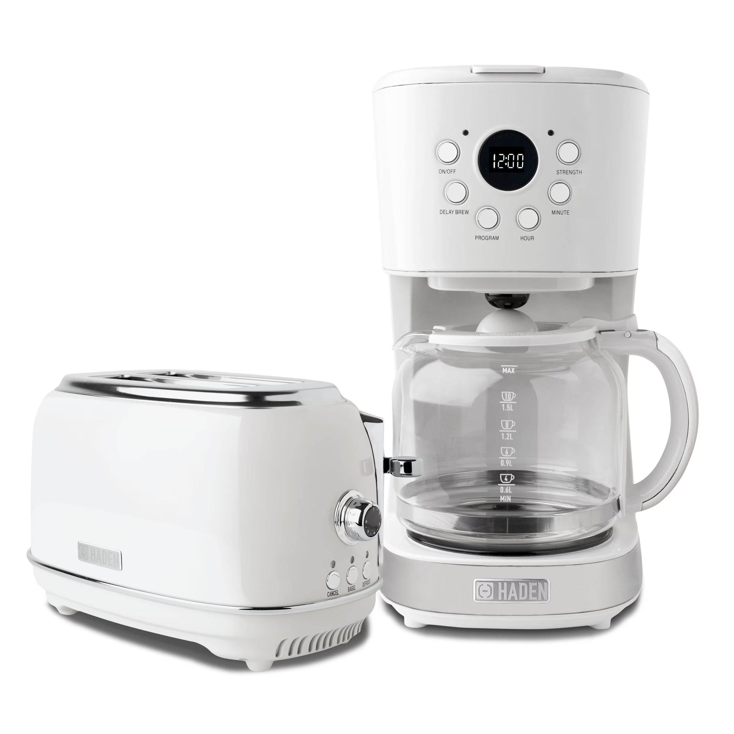 Haden 12 Cup Coffee Maker with 2 Slice Stainless Steel Bread Toaster, White