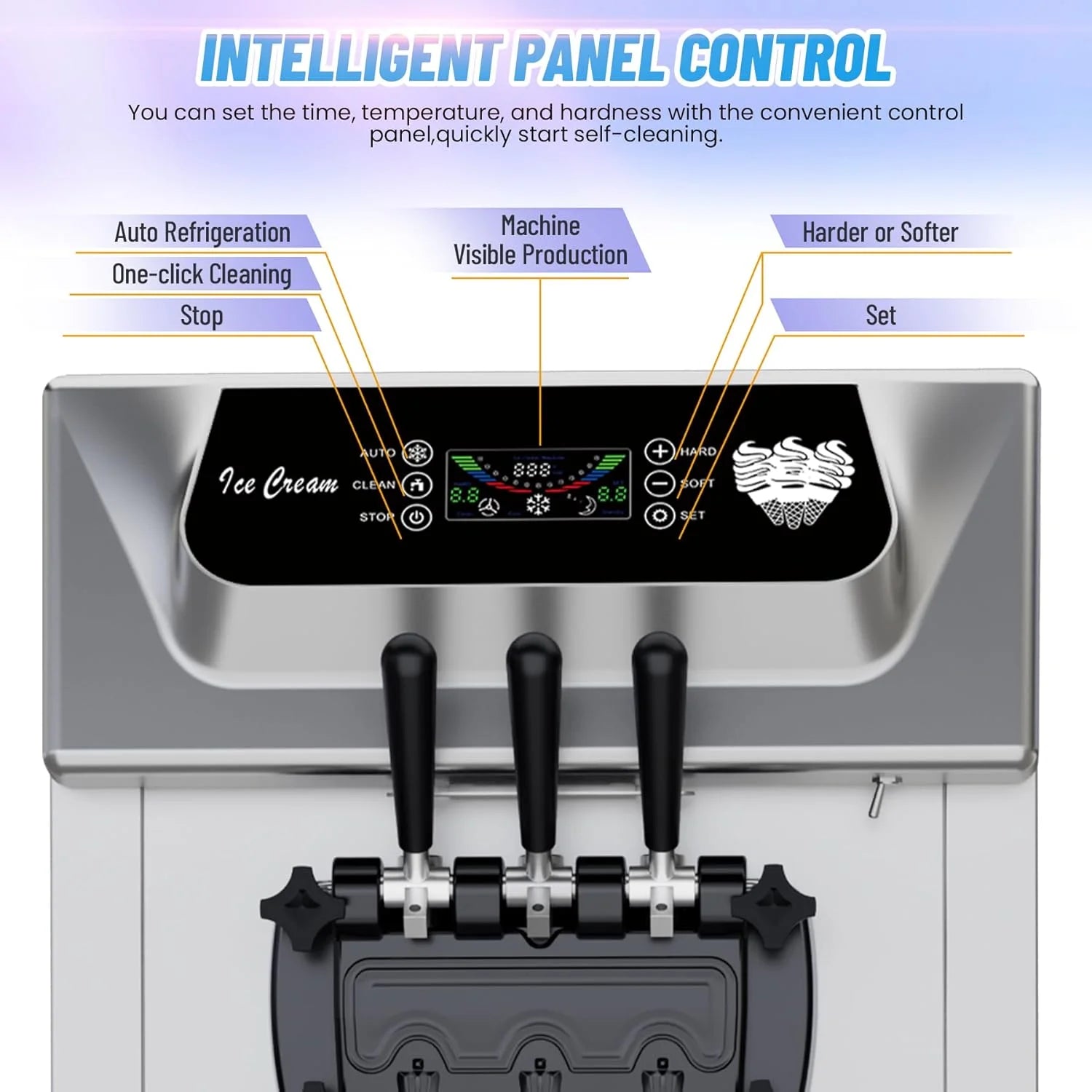 2200W Commercial Soft Ice Cream Machine 3 Flavors Clean Led Panel Perfect for Restaurants Snack Bar Supermarkets