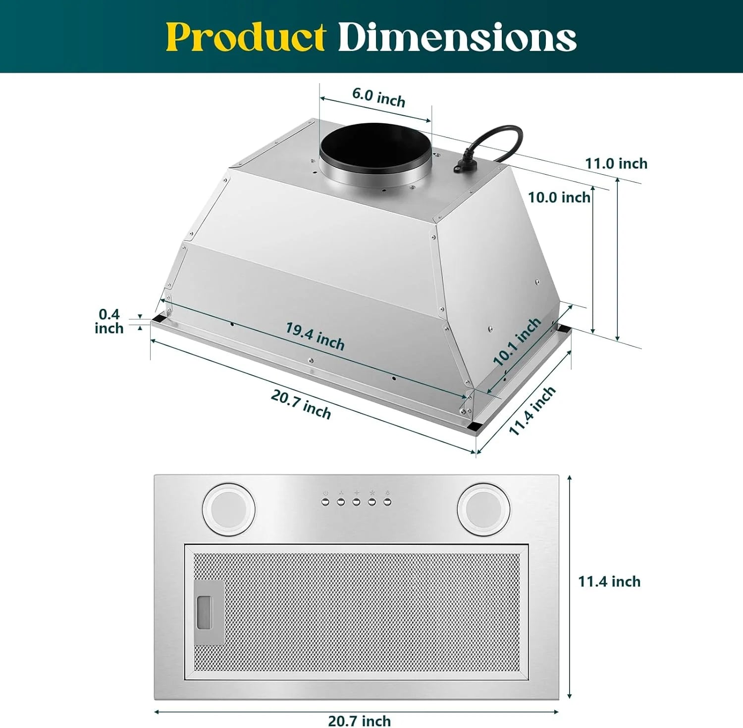 Range Hood Insert 20 Inch, Built-in Kitchen Hood 600CFM, Ducted/Ductless Convertible, Vent Hood Insert w/Mesh Filter, Push Button Control, Stainless Steel Range Hood w/ 3 Speed Fan