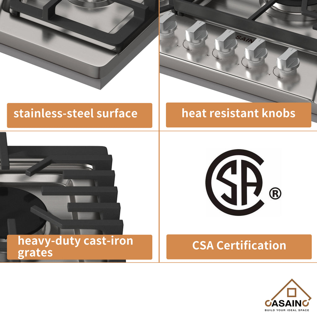 CASAINC 36" Recessed Natural Gas Cooktop with 5 Burners and Liquid Propane Conversion Kit, Stainless Steel