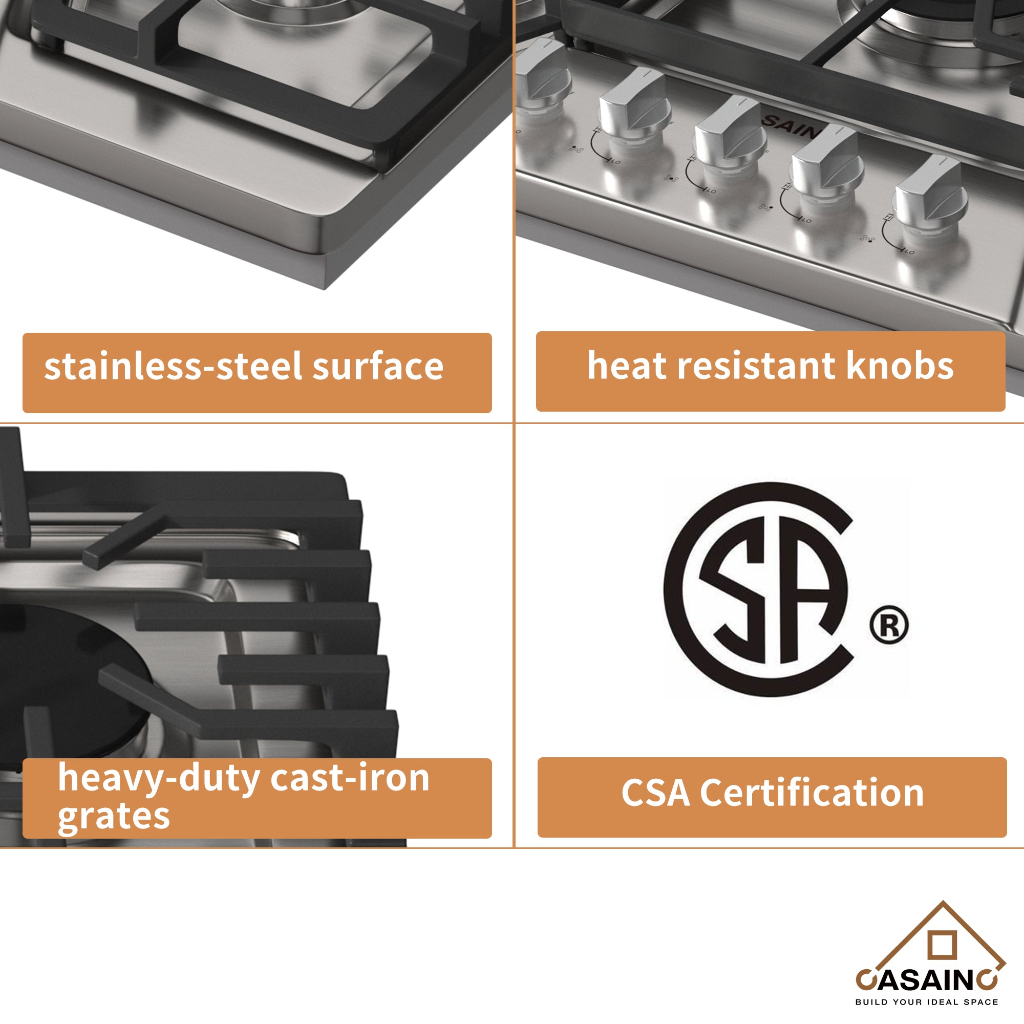 CASAINC 36" Recessed Natural Gas Cooktop with 5 Burners and Liquid Propane Conversion Kit, Stainless Steel