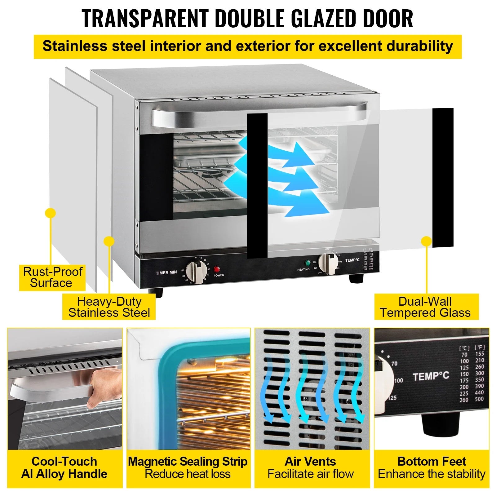 KFFKFF Commercial Convection Oven, 21L/19Qt, Quarter-Size Conventional Oven Countertop, 1440W 3-Tier Toaster w/ Front Glass Door, Electric Baking Oven w/ Trays Wire Racks Clip Gloves