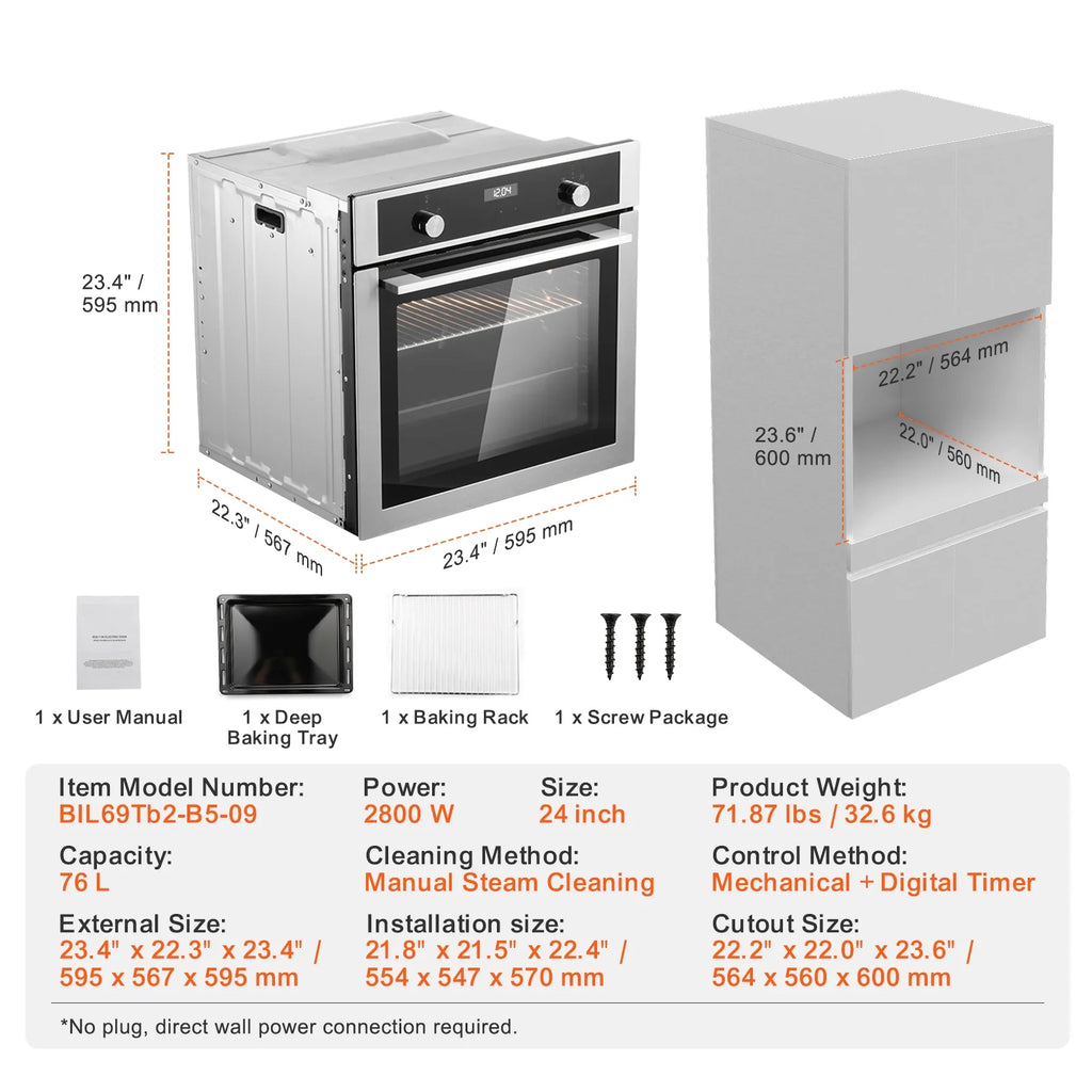 KFFKFF Single Wall Oven, 24" Electric Oven for Built-in Installation, Offers 9 Cooking Modes, 2.68 Cu.Ft Capacity, Includes Timer, 2800W Power, Comes with Baking Rack and Tray, Ideal for Any Kitchen