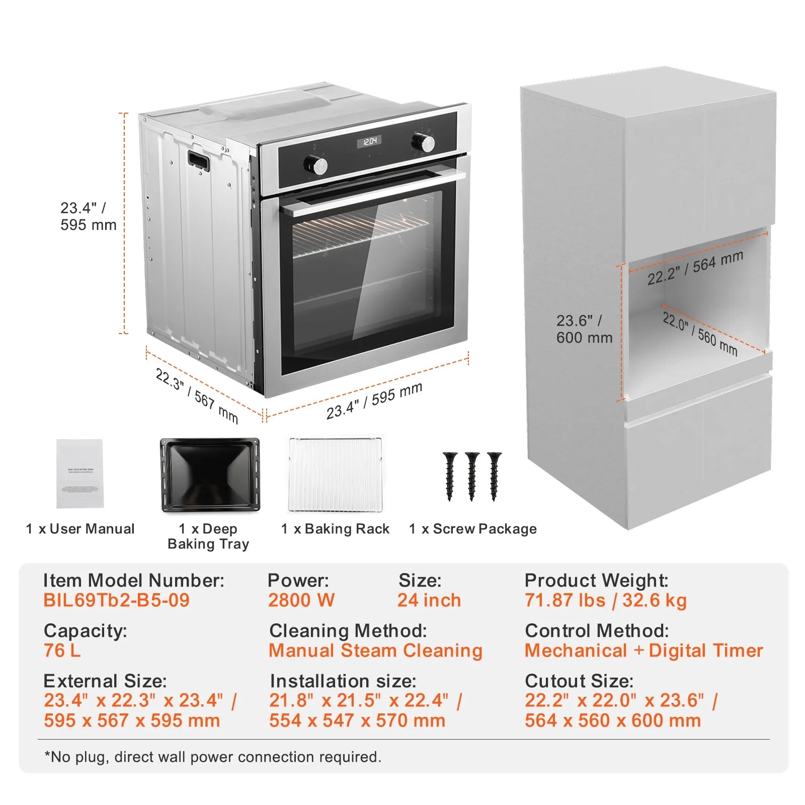 KFFKFF Solo Wall Oven, 24" Electric Integrated Wall Oven featuring 9 Culinary Modes, 2.68 Cu.Ft Electric Wall Ovens equipped with Timer, 2800W Electric Oven including Baking Rack and Tray
