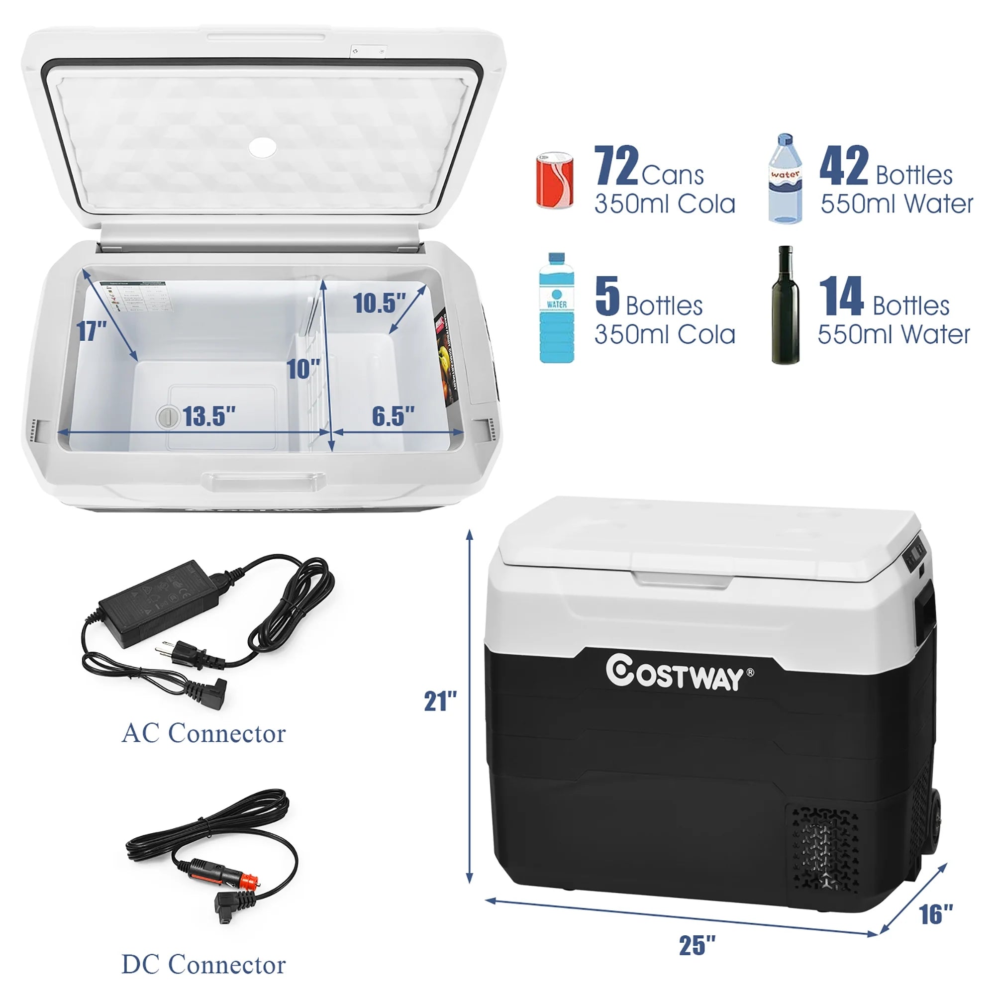 Costway 53 qt Wheeled Corded Electric Dual-Zone Portable Car Refrigerator, White