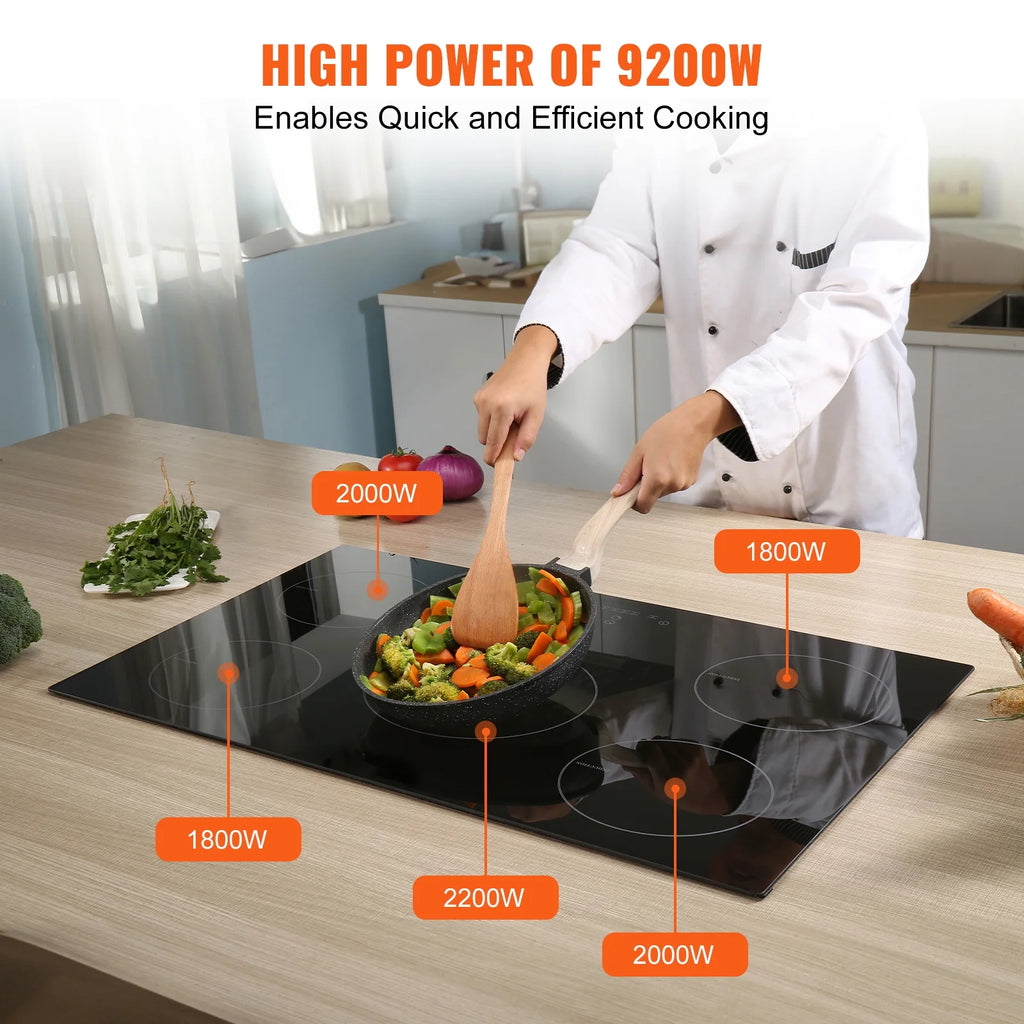 KFFKFF Electric Range, 5 Elements, 30'' Built-in Induction Cooking Surface, 9200W, 9 Power Settings, LED Display, Safety Lock & Heat Guard
