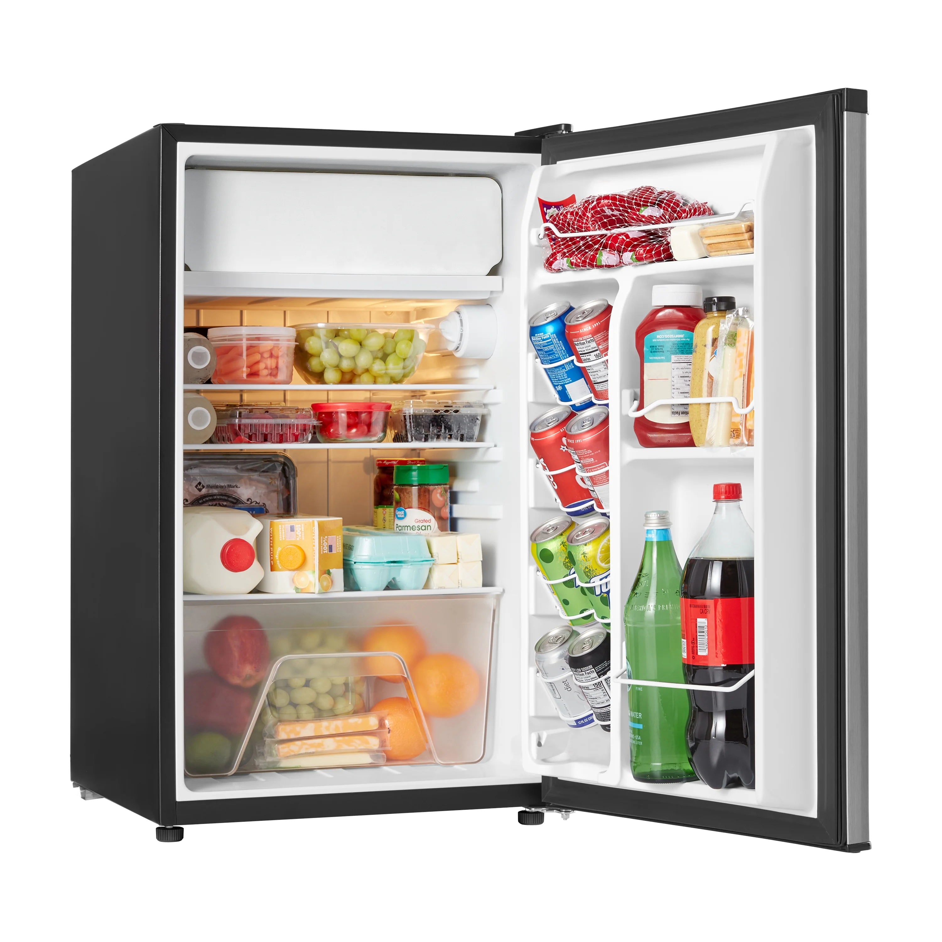 Galanz 4.3 Cu ft Single Door Mini Fridge, Stainless Steel Look, New, Width 19.12"