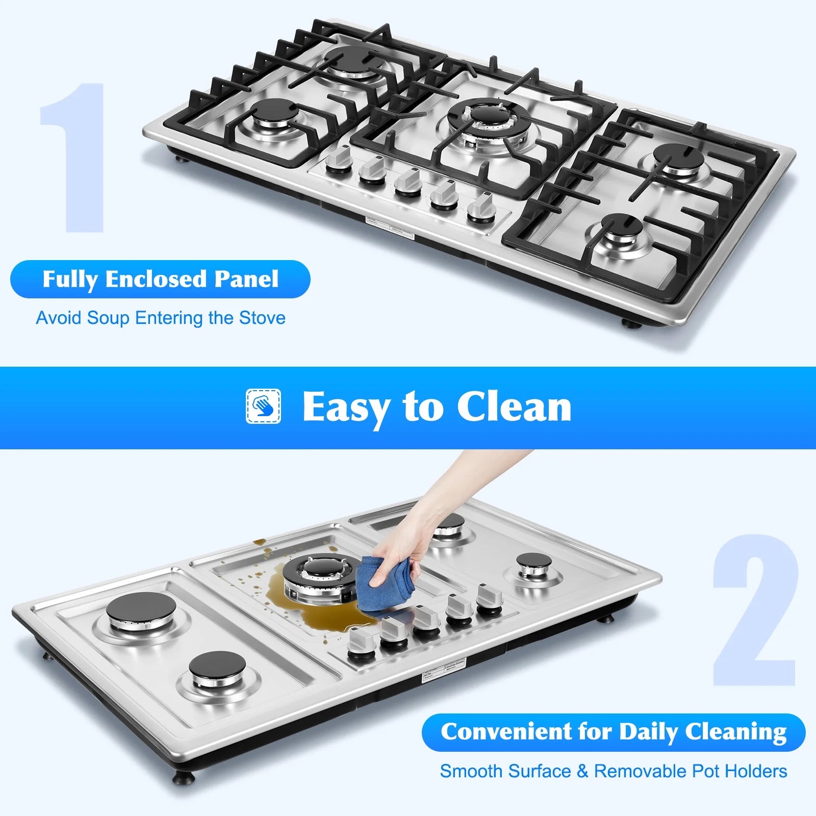 Stainless Steel 5-Burner Stove, Top Built-In Gas Propane Cooktop Stove for Restaurants