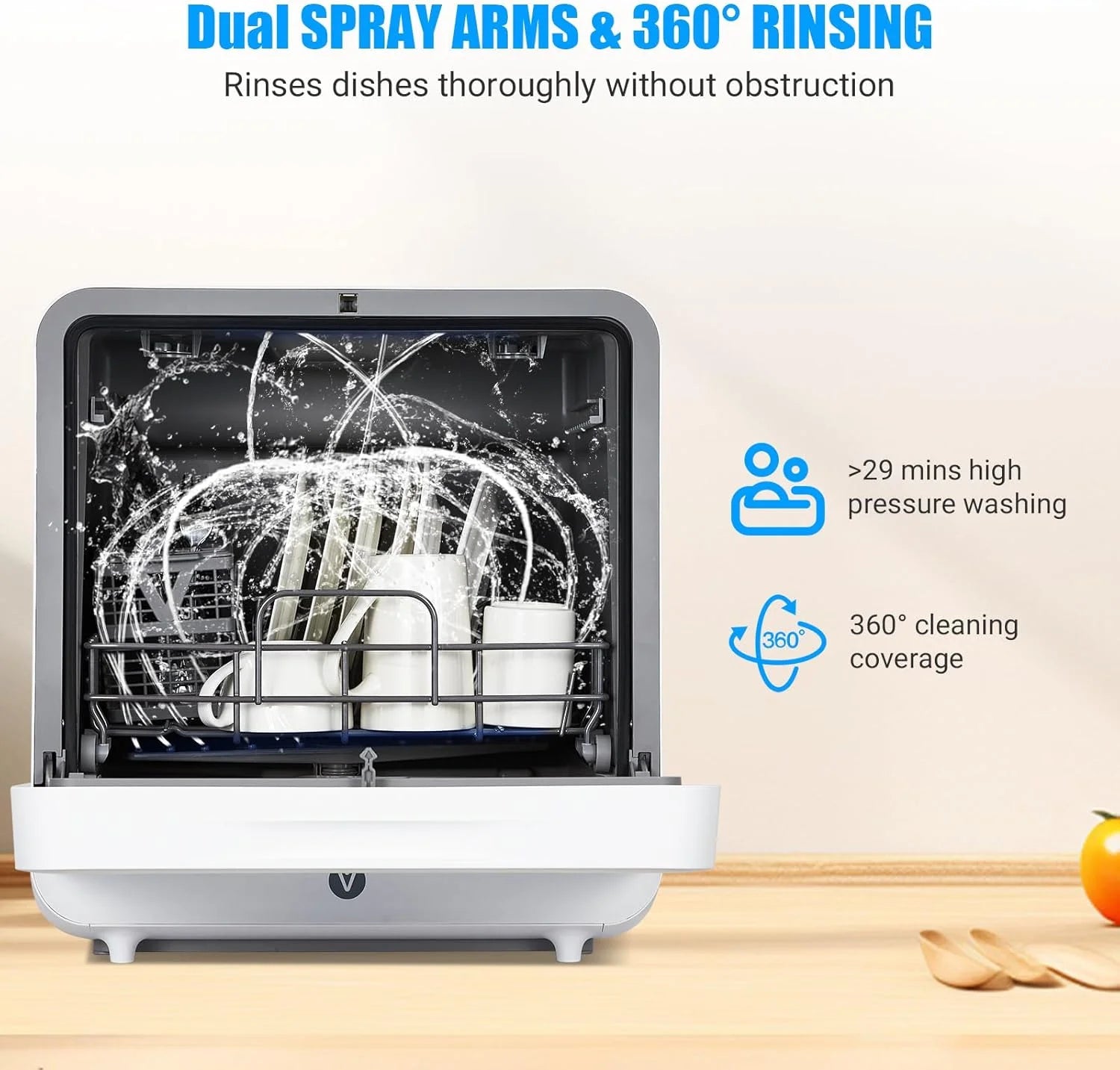 Portable Dishwasher Countertop, 6 Washing Programs Tabletop Dishwasher with 5 L Built-In Water Tank, Air-Dry Function, LED Display & Touch Control, Dual Spray Rinsing, Self Absorbing Water Dishwasher