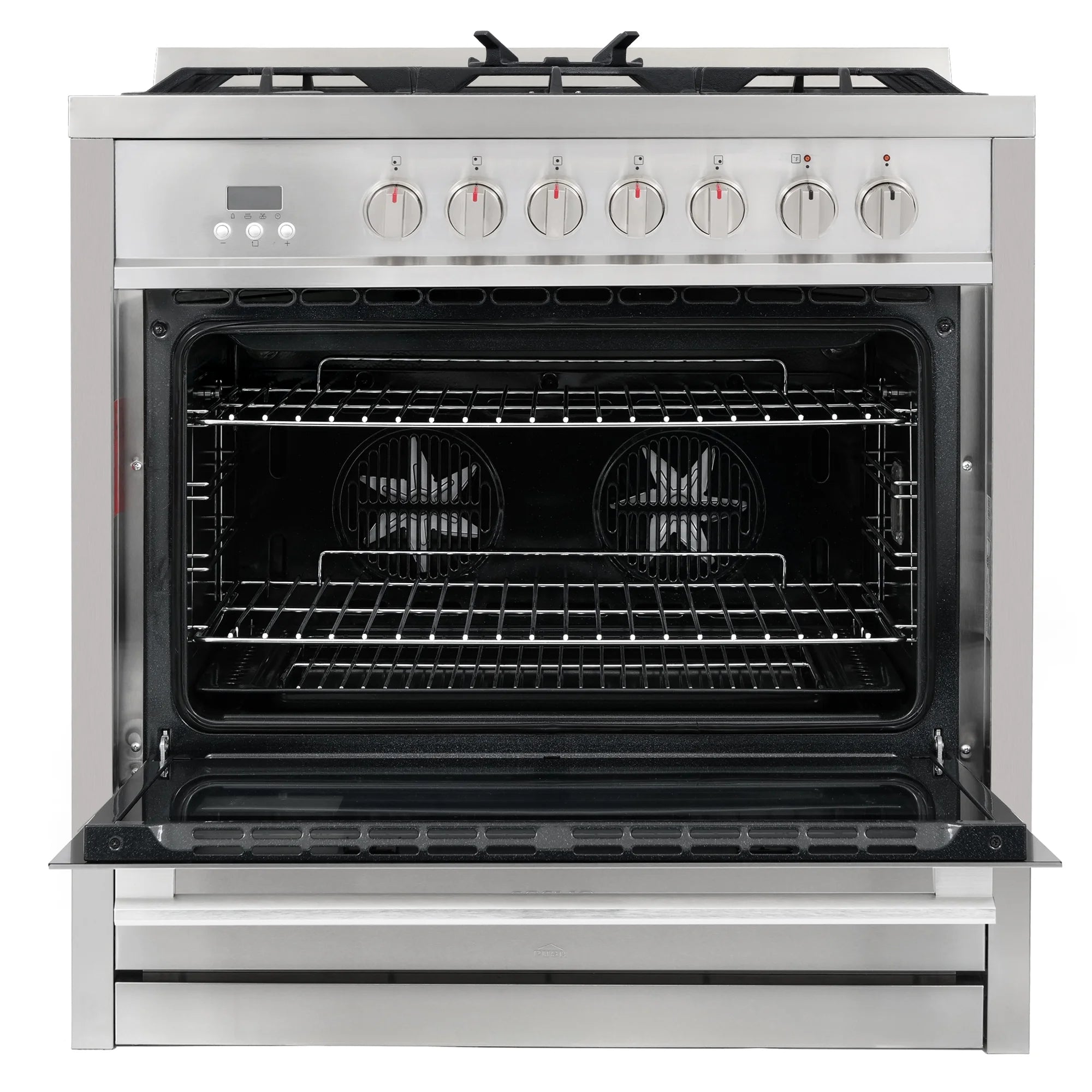 Cosmo 4 Piece Kitchen Appliance Packages with 36" Freestanding 220/240V Dual Fuel Range 36" Island Range Hood 24" Built-in Integrated Dishwasher & French Door Refrigerator Kitchen Appliance Bundles