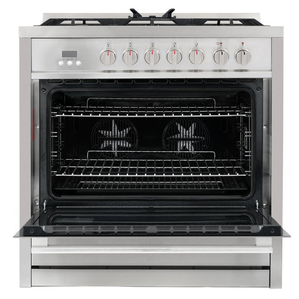 Cosmo 4 Piece Kitchen Appliance Package with 36" Freestanding Dual Fuel Range 36" Island Range Hood 24" Built-in Integrated Dishwasher & French Door Refrigerator Kitchen Appliance Bundles