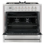 Cosmo 4 Piece Kitchen Appliance Package with 36" Freestanding Dual Fuel Range 36" Island Range Hood 24" Built-in Integrated Dishwasher & French Door Refrigerator Kitchen Appliance Bundles