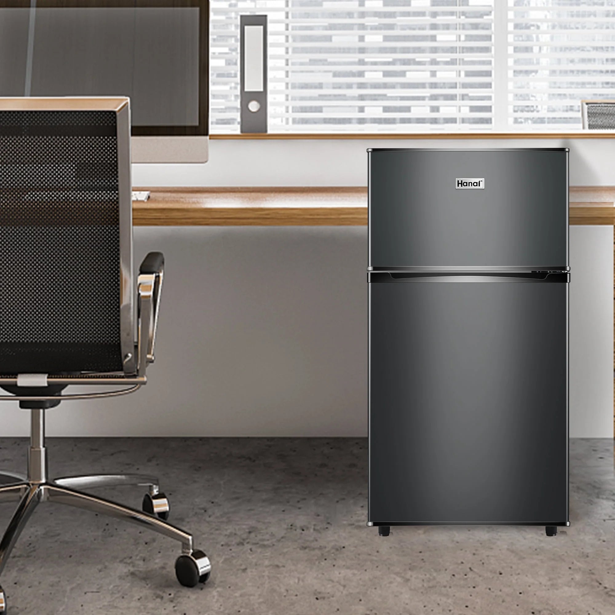 WANAI Two Door Mini Fridge with Freezer, 3.5 Cu ft Small Freezer ,Dark Grey
