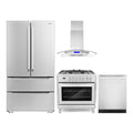 Cosmo 4 Piece Kitchen Appliance Package with 36" Freestanding Dual Fuel Range 36" Island Range Hood 24" Built-in Integrated Dishwasher & French Door Refrigerator Kitchen Appliance Bundles