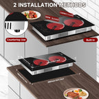 SizzleCook 2 Burner Electric Cooktop 110V Plug In, Countertop & Built-in Ceramic Stove Top, 12 inch Portable Infrared Double Burner Electric Stovetop with Outlet Plug, Child Safety Lock?