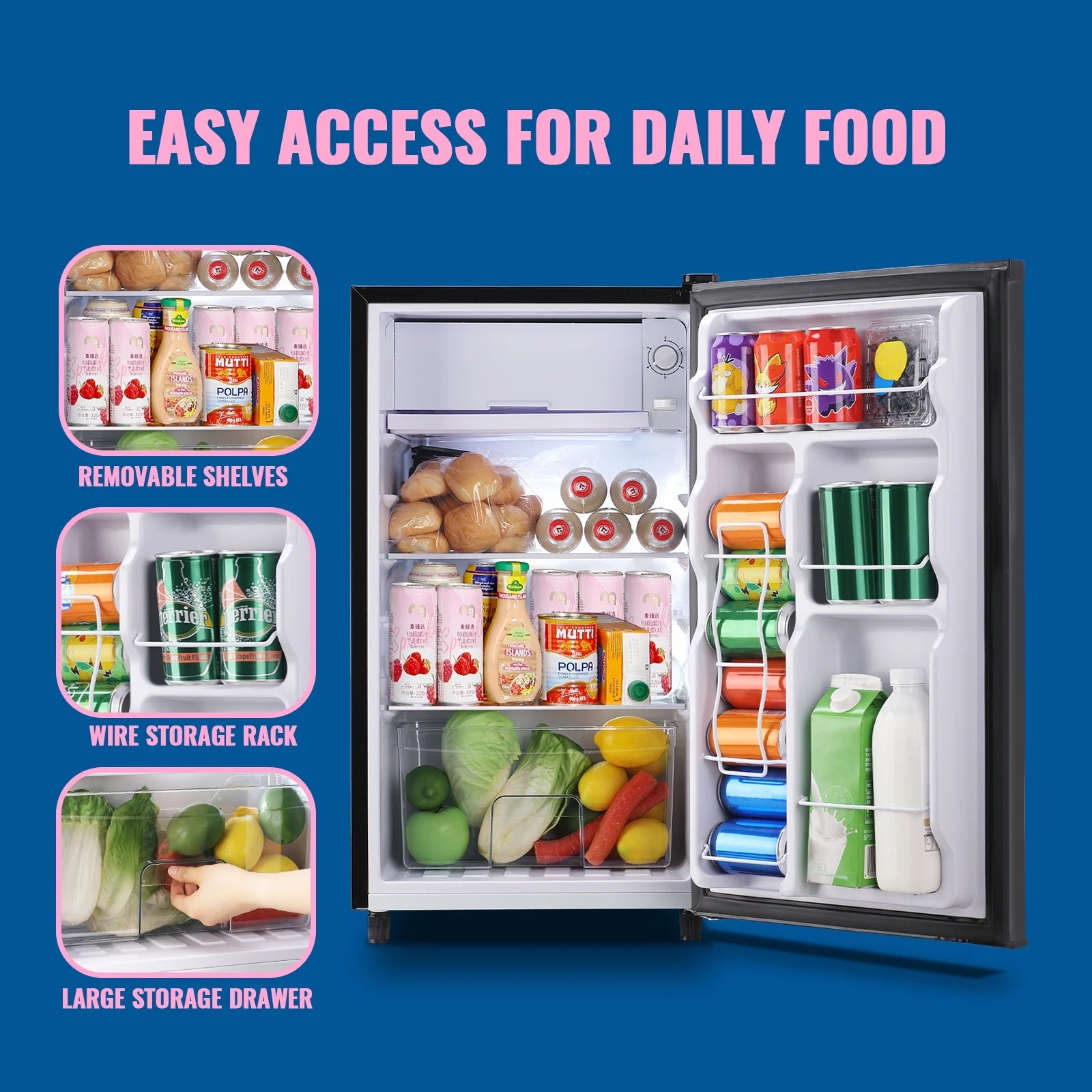 WANAI 3.2 Cu.ft Mini Refrigerator with 5 Temp Control Small Fridge Compact Size for Any Room Silver