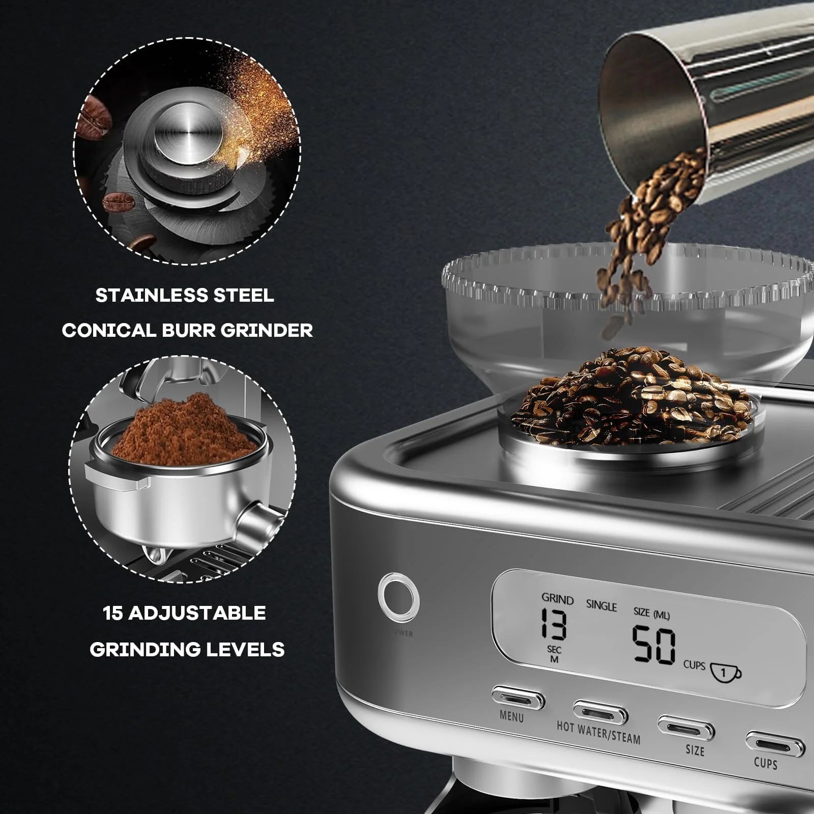 Espresso Machine with Built-in Grinder,Italian ULKA 15 Bar Espresso Machine - 85oz Water Tank, Dual PID Control, Milk Frother & Auto-Cleaning for Perfect Lattes and Cappuccinos