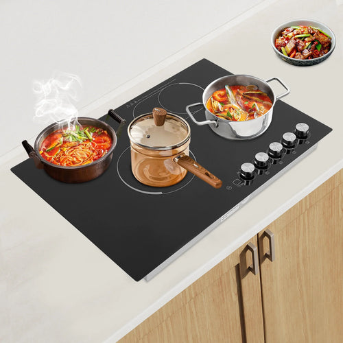 4 Burners Electric Cooktop, Knob Control Built-in Ceramic Cooktop, 23" Radiant Electric Cooktop Stovetop with Timer, 5 Heating Level, 3400W, 110V, Hard Wire