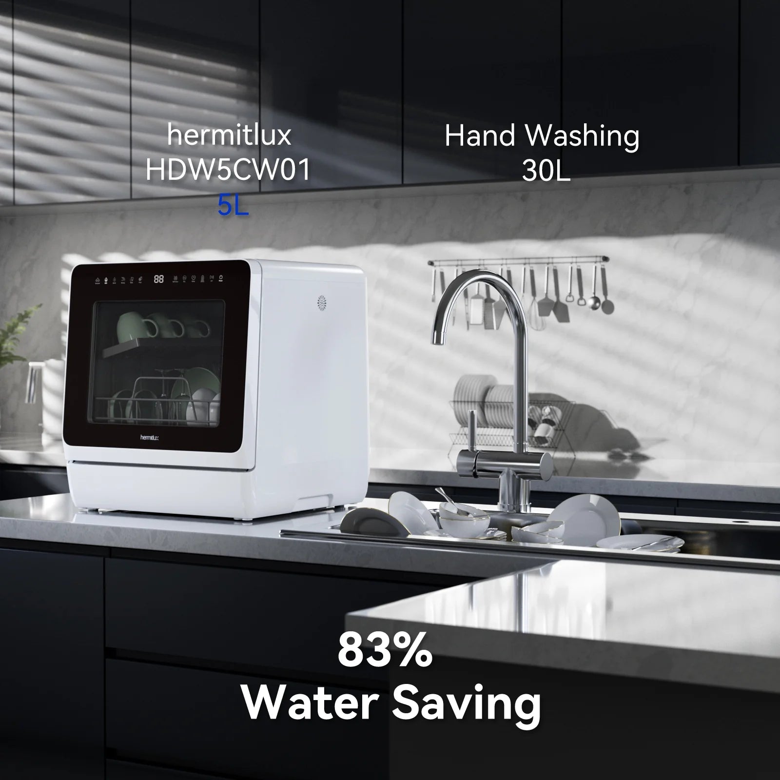 Hermitlux Portable Countertop Dishwasher, 5 Washing Programs, 5L Built-in Water Tank and Air-Dry Function, HMX-DW03