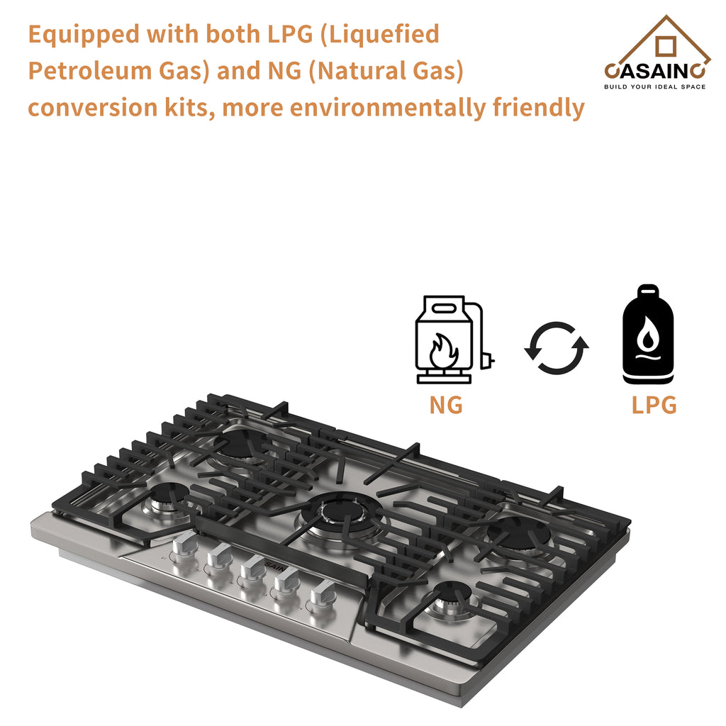 CASAINC 36" Recessed Natural Gas Cooktop with 5 Burners and Liquid Propane Conversion Kit, Stainless Steel