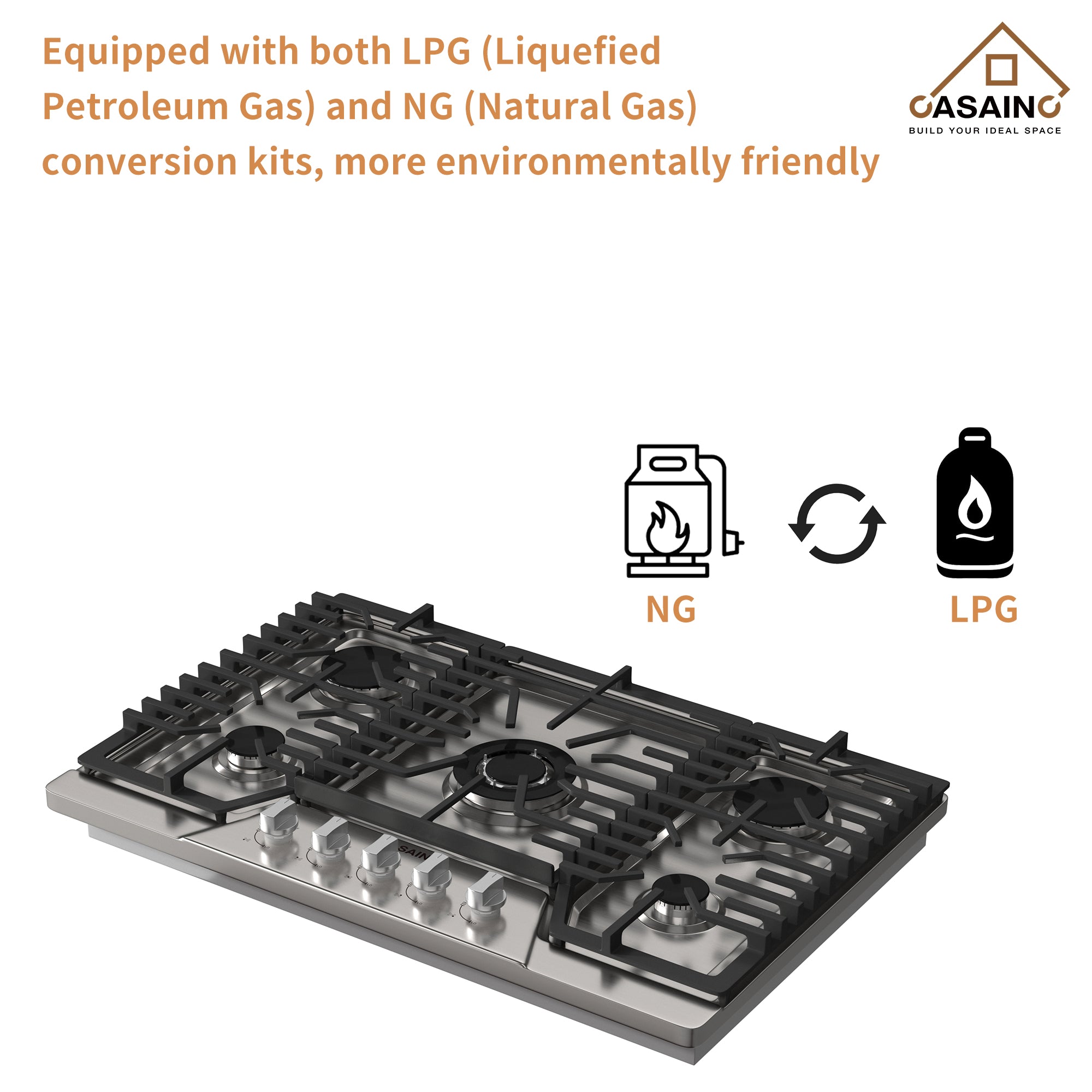 CASAINC 36" Recessed Natural Gas Cooktop with 5 Burners and Liquid Propane Conversion Kit, Stainless Steel