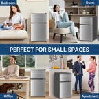 Frestec 3.2 Cu ft Two Door Mini Fridge with Freezer, Stainless Steel, E-Star