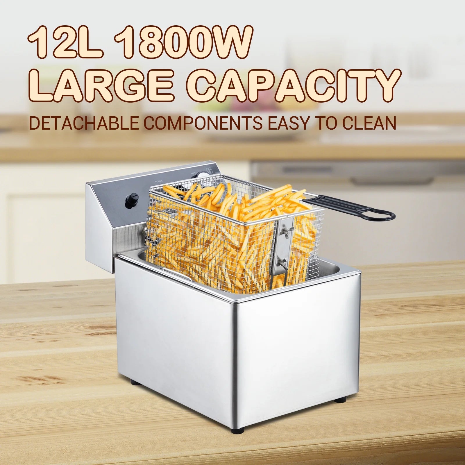 Electric Deep Fryer,Tank Stainless Steel Deep Fryer, Temperature Control, Countertop Fryer for Home Kitchen and Restaurant, 110V