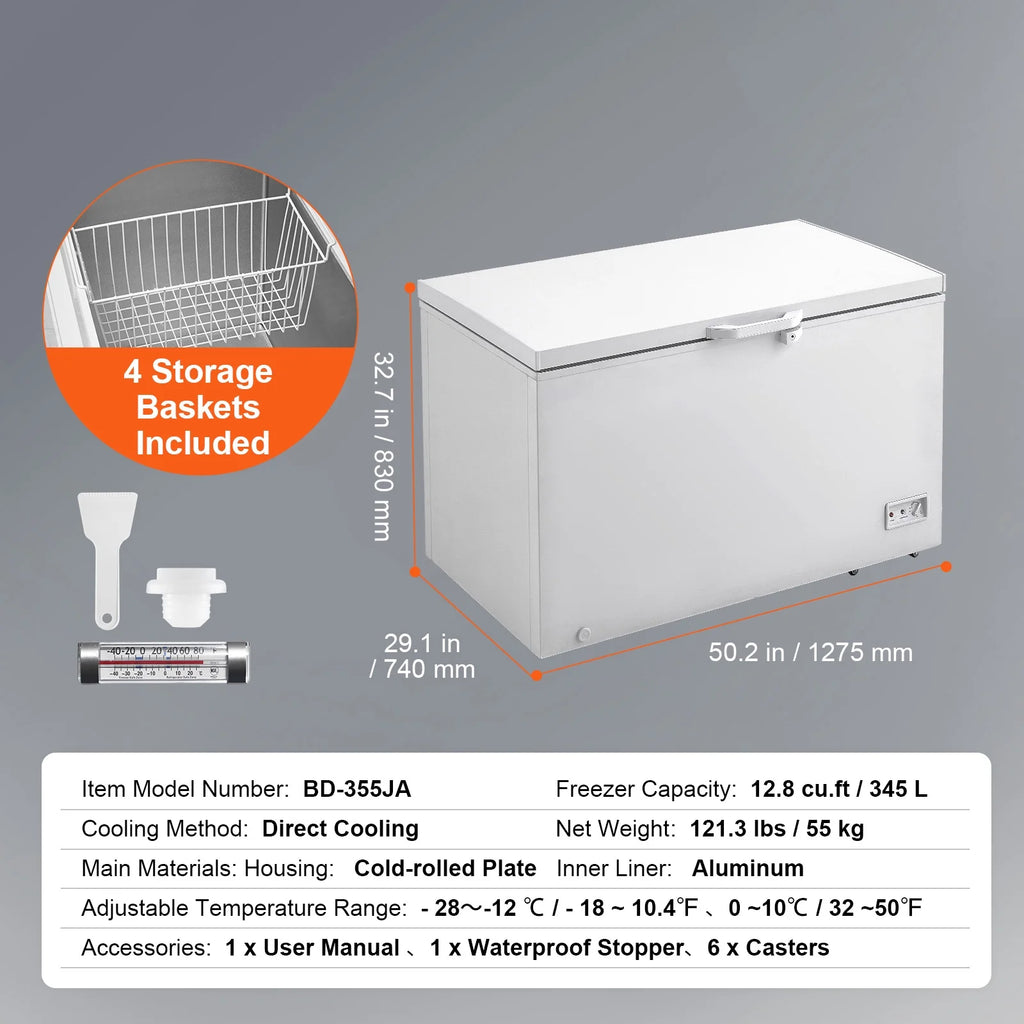 KFFKFF 12.8 Cu.ft / 345 L  Top-Open Chest Freezer with 7-SpeedTemperature Control 4 Removable Storage Baskets, Freestanding 6 Wheels
