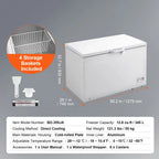 KFFKFF 12.8 Cu.ft / 345 L  Top-Open Chest Freezer with 7-SpeedTemperature Control 4 Removable Storage Baskets, Freestanding 6 Wheels