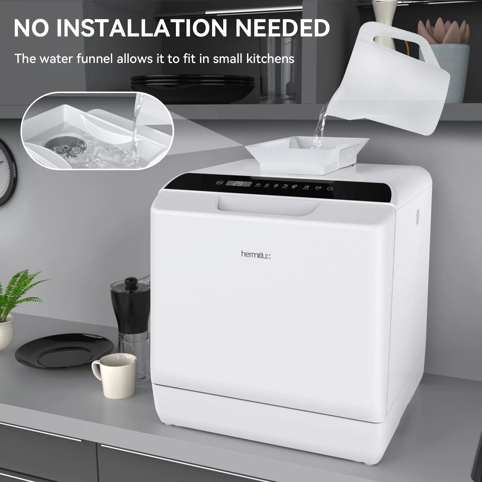 Hermitlux Portable Countertop Dishwasher, 5 Washing Programs, 5L Built-in Water Tank and Air-Dry Function, HMX-DW03