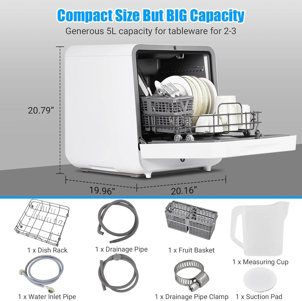 NEILA Countertop Dishwasher - 5 Programs Portable Dishwasher with Touch Control & Air-Drying Function, 2 in 1 Tabletop Dishwasher for Home, Apartments - White