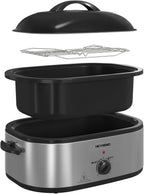 18 Quart Electric Roaster Oven, Turkey Roaster Electric, Roaster Oven Buffet, Selfbasting Lid, Removable Pan, Full-Range Temperature Control Cool-Touch Handles, White Body, Black Lid