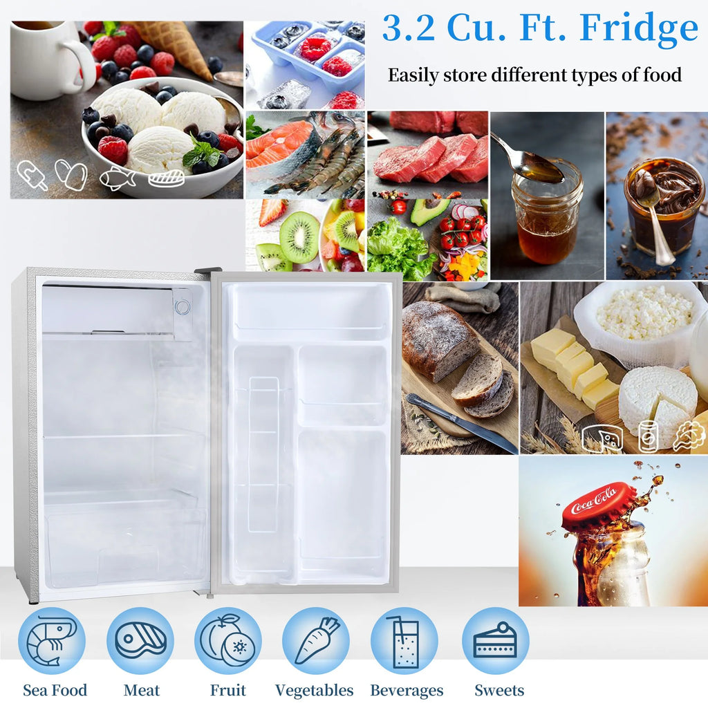 KOFUN Mini Fridge with Freezer, Stainless Steel, 3.2 Cu.ft Compact Refrigerator, Portable Cooler Warmer for Kitchen, Bedroom, Dorm, Apartment, Bar, Office, RV