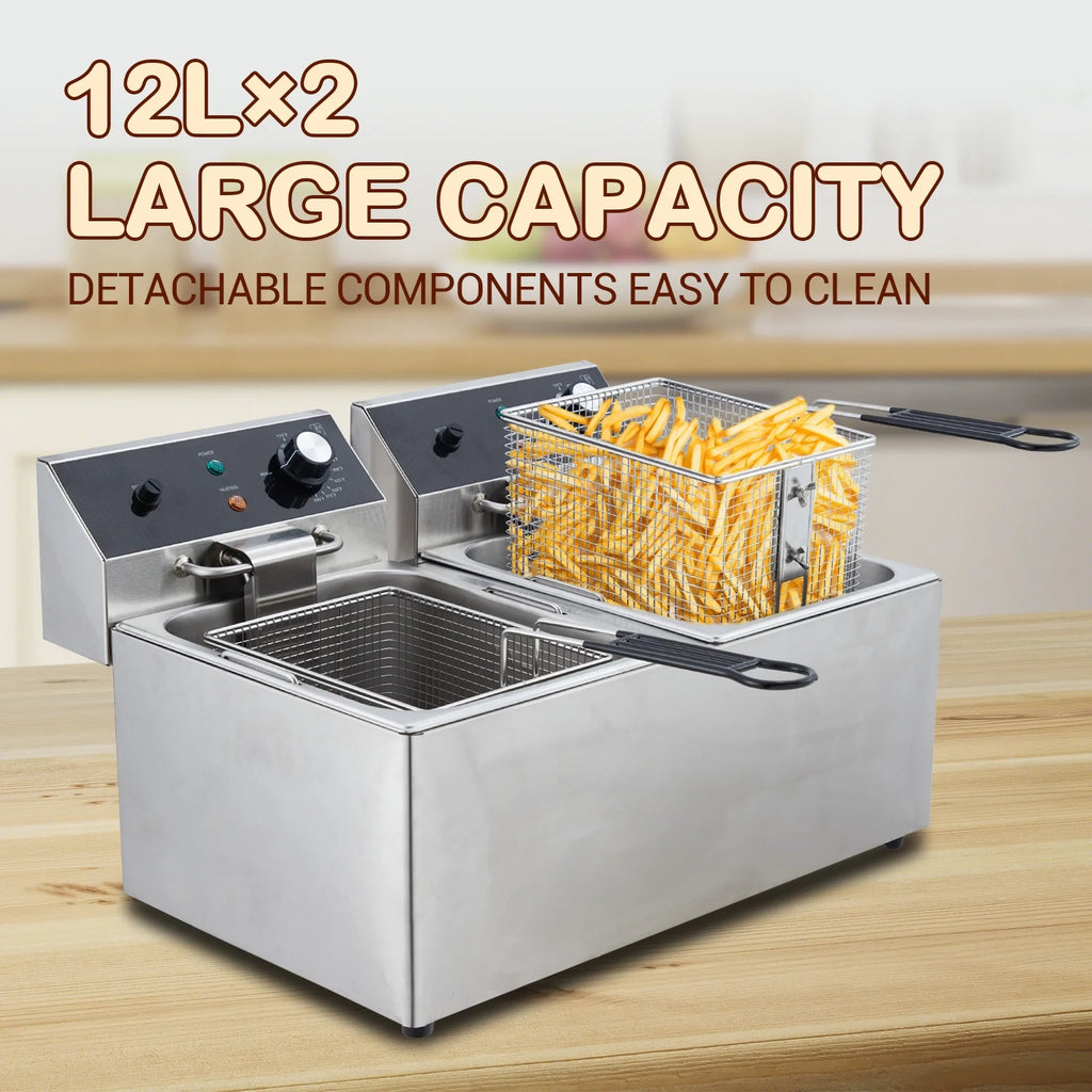 Yesurprise 6/10/12L Commercial Electric Deep Fryer Dual Tank w/Basket & Lid Countertop Stainless Steel Deep Fryer for Large Tank French Fries Onion Rings
