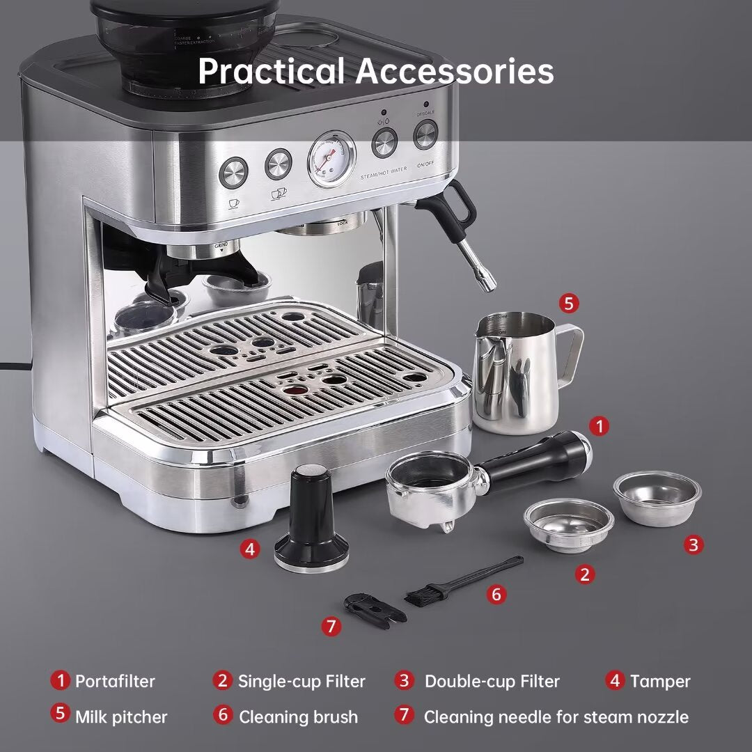 Espresso Machine with Milk Frother and Grinder, 2.5L Water Tank, Brushed Stainless Steel