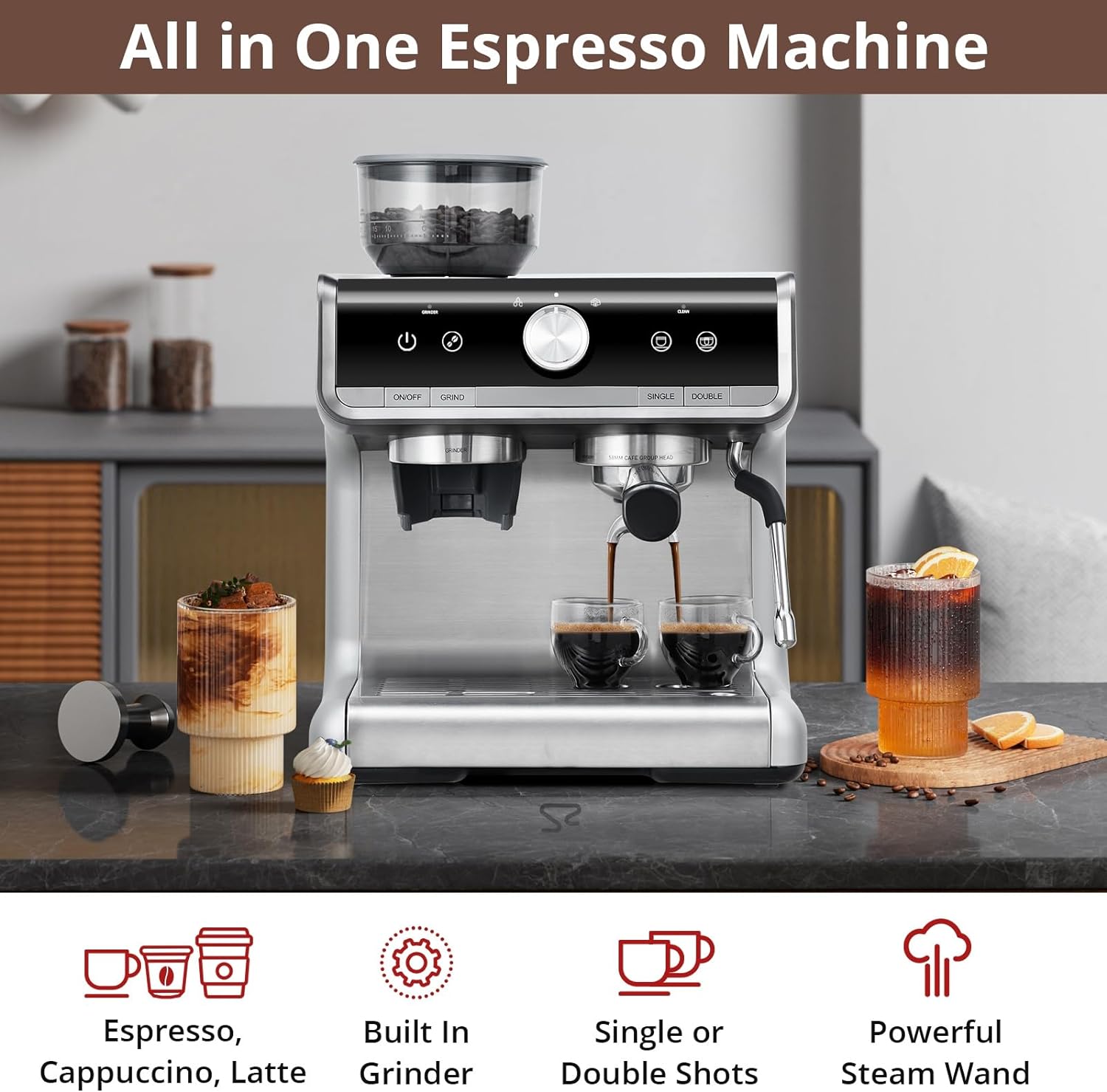 COZONY Espresso Machine 15 Bar, 2.5 L Water Tank, Semi Automatic Coffee Maker with Grinder, Milk Frother/Steam Wand, Italian Pump, All-in-One Espresso Machine, Stainless Steel, Silver