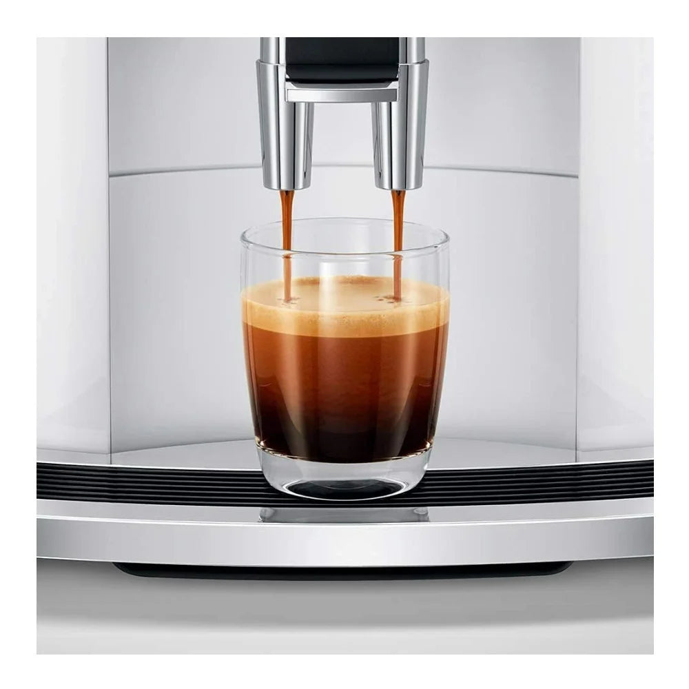 Jura E8 Automatic Espresso Machine (Piano White) with Glass Milk Container