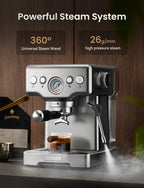 Neretva Espresso Machine 15 Bar Professional Espresso Maker with Milk Frother Steam Wand, Cappuccino & Latte Machine, Espresso Coffee Machine for Home- Stainless Steel