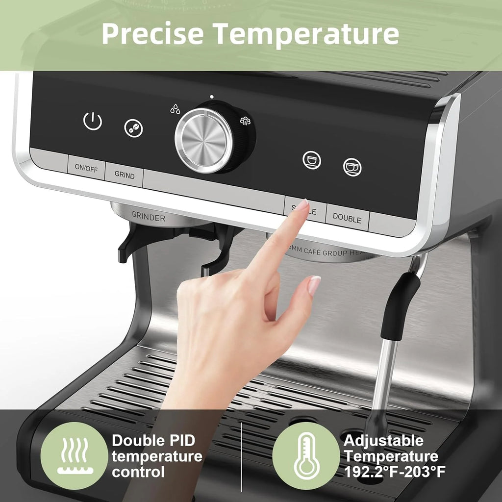 Espresso Coffee Machine with Grinder, 20 Bar Semi-Automatic Espresso Maker with Milk Frother Steamer Wand for Cappuccino, Latte, Macchiato, 2.8 L Water Tank, PID Temperature Control, Silver