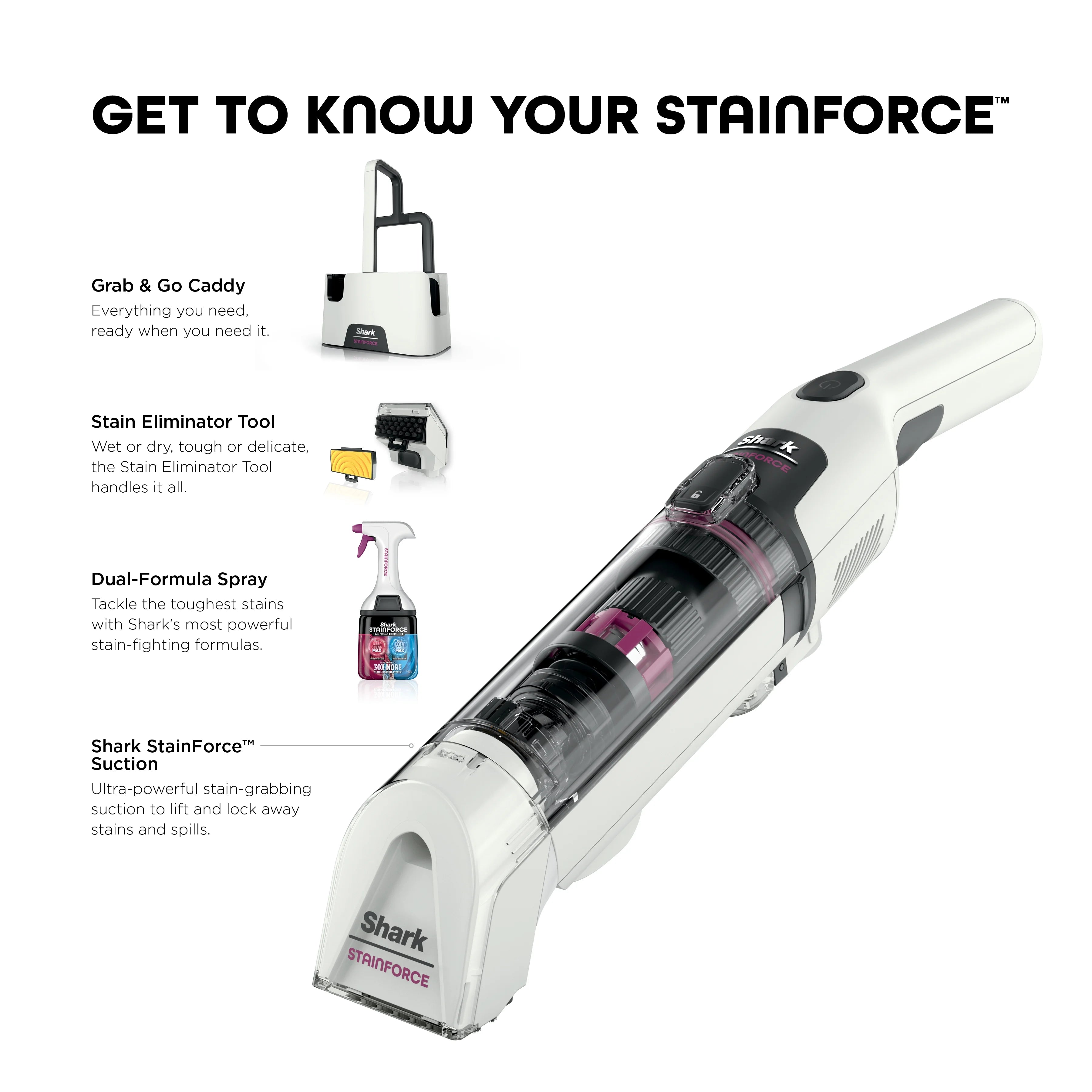 Shark StainForce Cordless Portable Spot, Stain, & Odor Remover System for Carpets, Area Rugs, Upholstery, Stairs, Cars, with Storage Caddy, and Full-Size Cleaning Solution, White, HX100