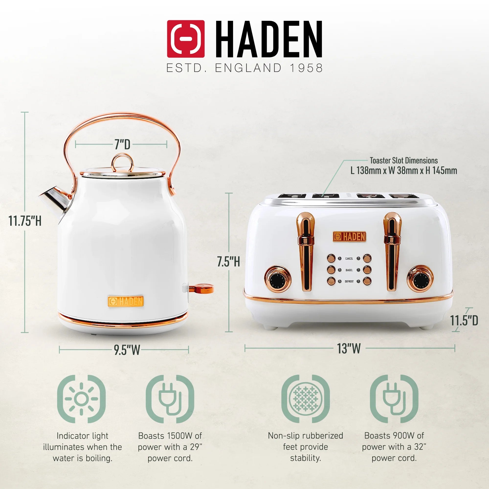 Haden Heritage 1500 1.7 Electric Kettle, Matte Black Finish with Copper Accents