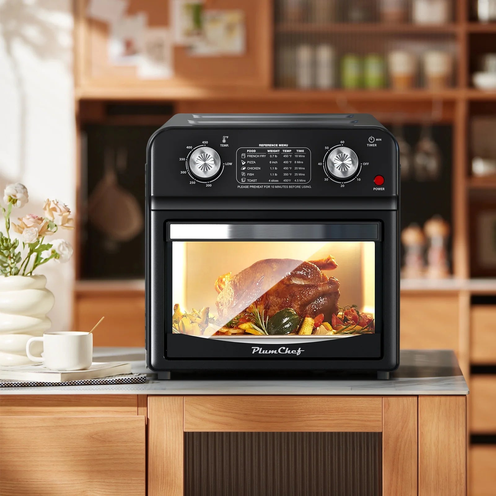 PlumChef 13 Quart 4 Slices Air Fryer Convection Toaster Oven, 1500W, 7 in 1 Multifunction with Roast, Bake, Grill, Broil, Toast, Dehydrate, Defrost, Stainless Steel