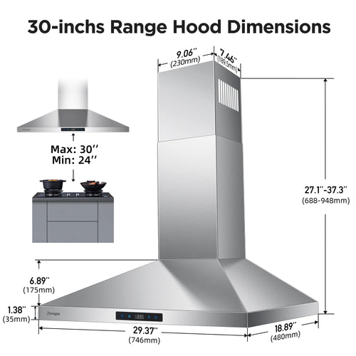 "Joeaonz 30"" Wall Mount Range Hood 450CFM Stainless Steel Kitchen Exhaust Vent with 3-Speed Filters, LED Lights"