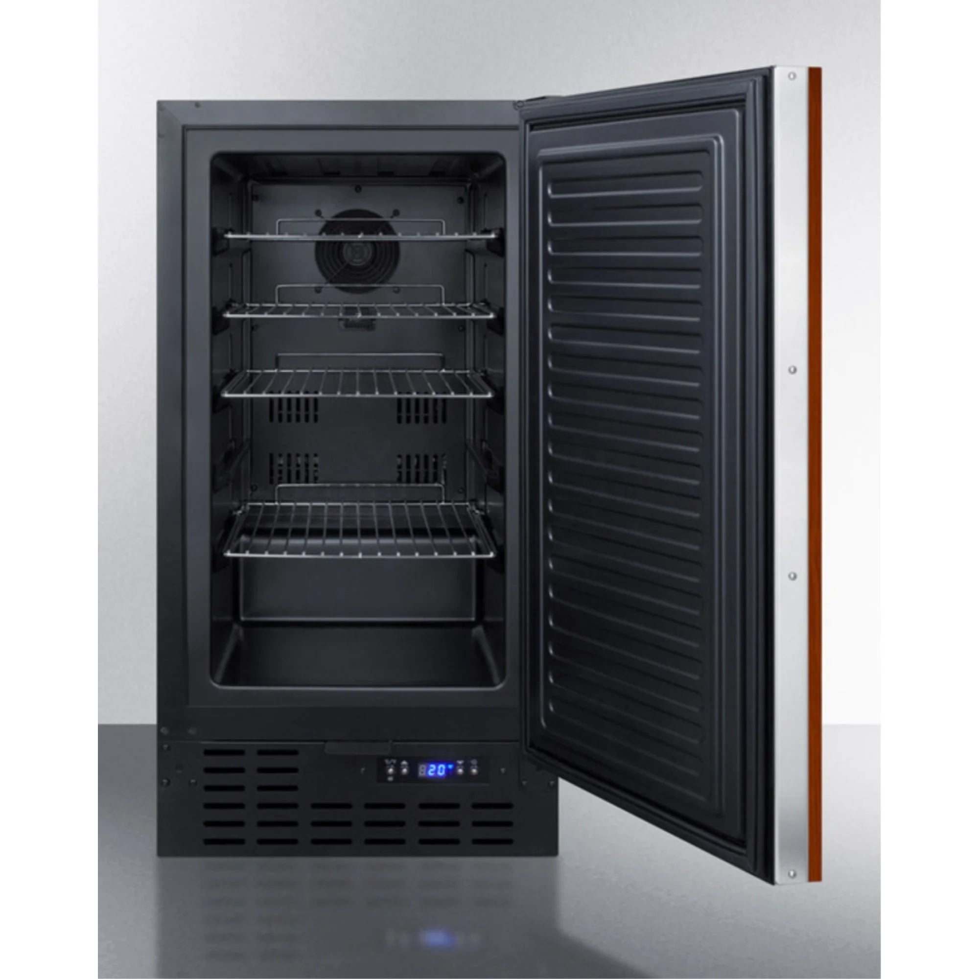 18" wide frost-free freezer in black for built-in or freestanding use, with integrated door frame for overlay panels