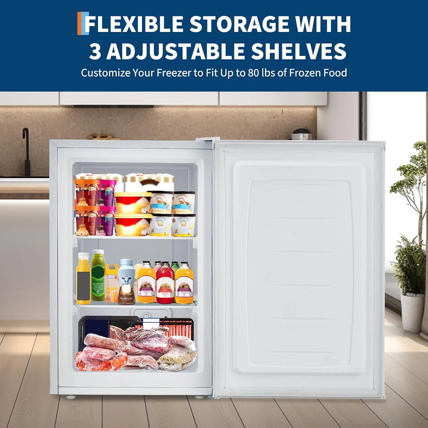 M optimized Upright Freezer, 3.0 Cu.Ft. Compact Mini Freezer with Reversible Single Door, 7 Adjustable Thermostat & 3 Removable Shelves, for Apartment, Dorm, Home, Office