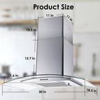 30 inch 450CFM Wall Mount Range Hood Tempered Glass 3-Speed Fan Button Control Baffle Filters