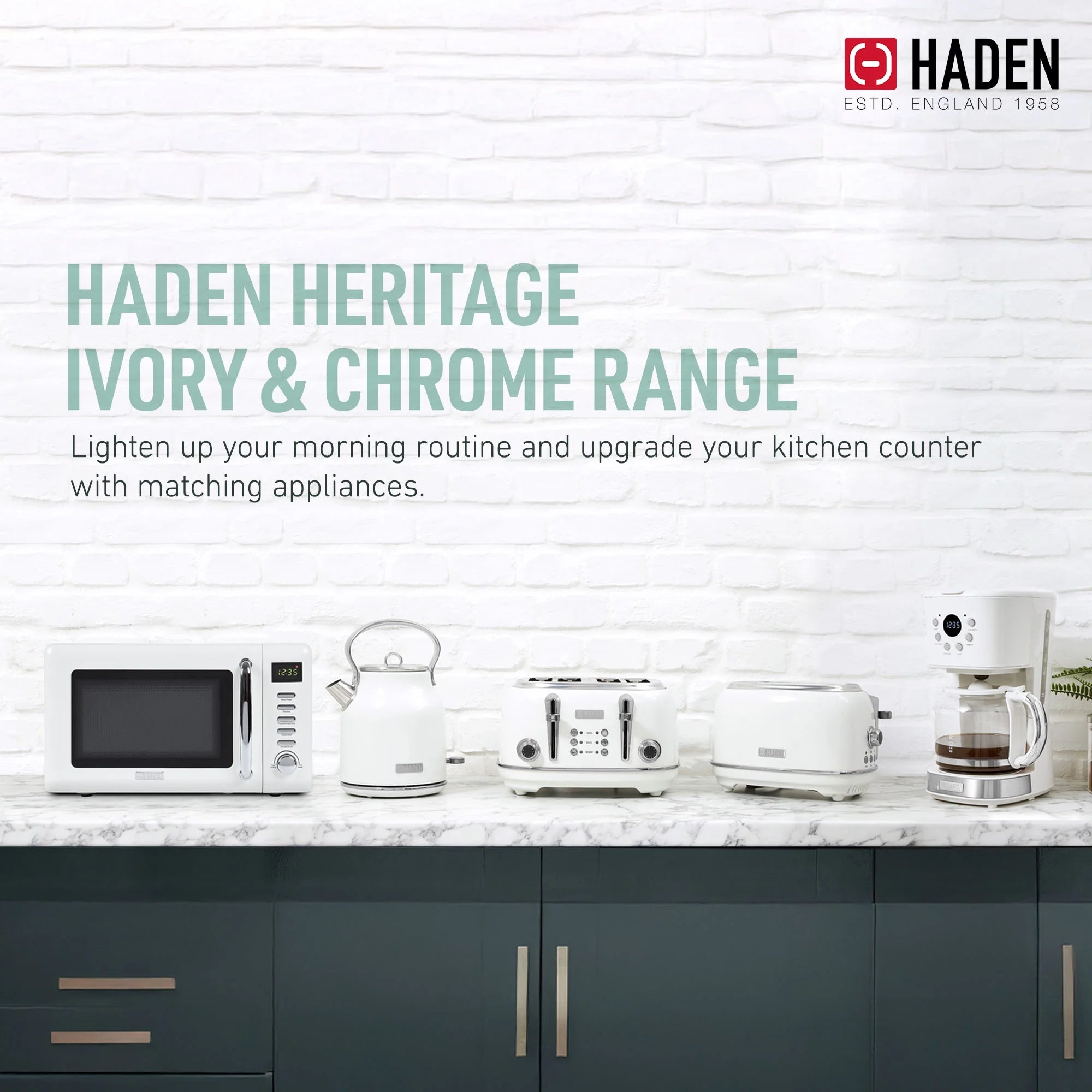 Haden Heritage 1.7 Liter Electric Kettle with 2 Slice Bread Toaster, White