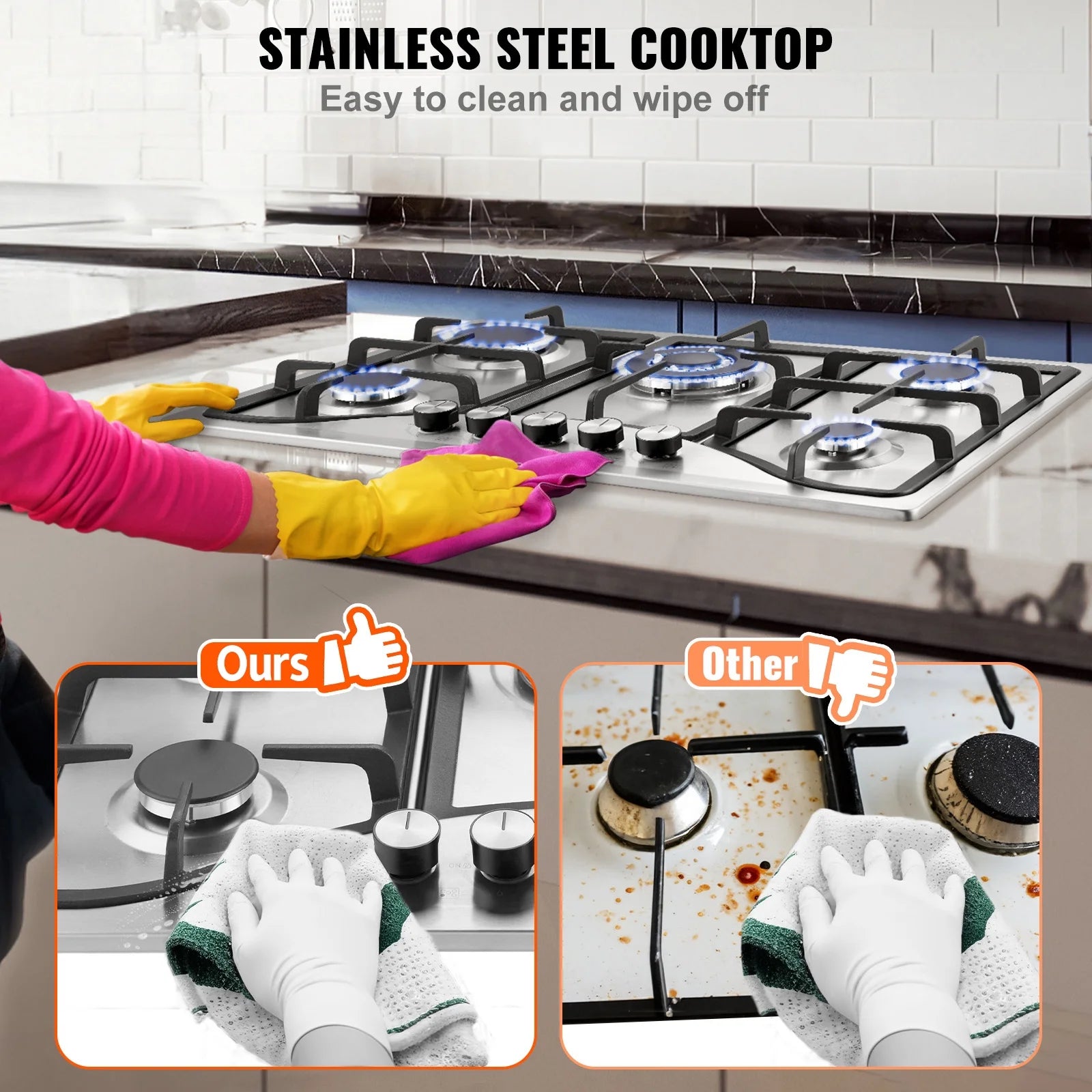 KFFKFF Gas Cooktop Stove Top 30 inch Max 12250BTU 5 Burners Built-in LPG/NG Convertible