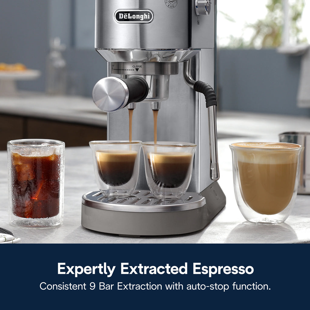 De'Longhi Dedica Duo Espresso Machine, Compact Size with Built in Frother for Latte Art, Brew Espresso, Cold Brew, Lattes & More, Stainless Steel